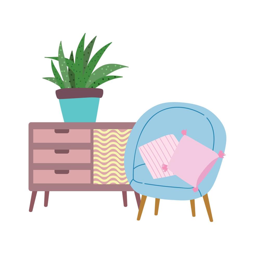 Hem interiör stol inlagd växt på möbel isolerat design ikon vit bakgrund vektor