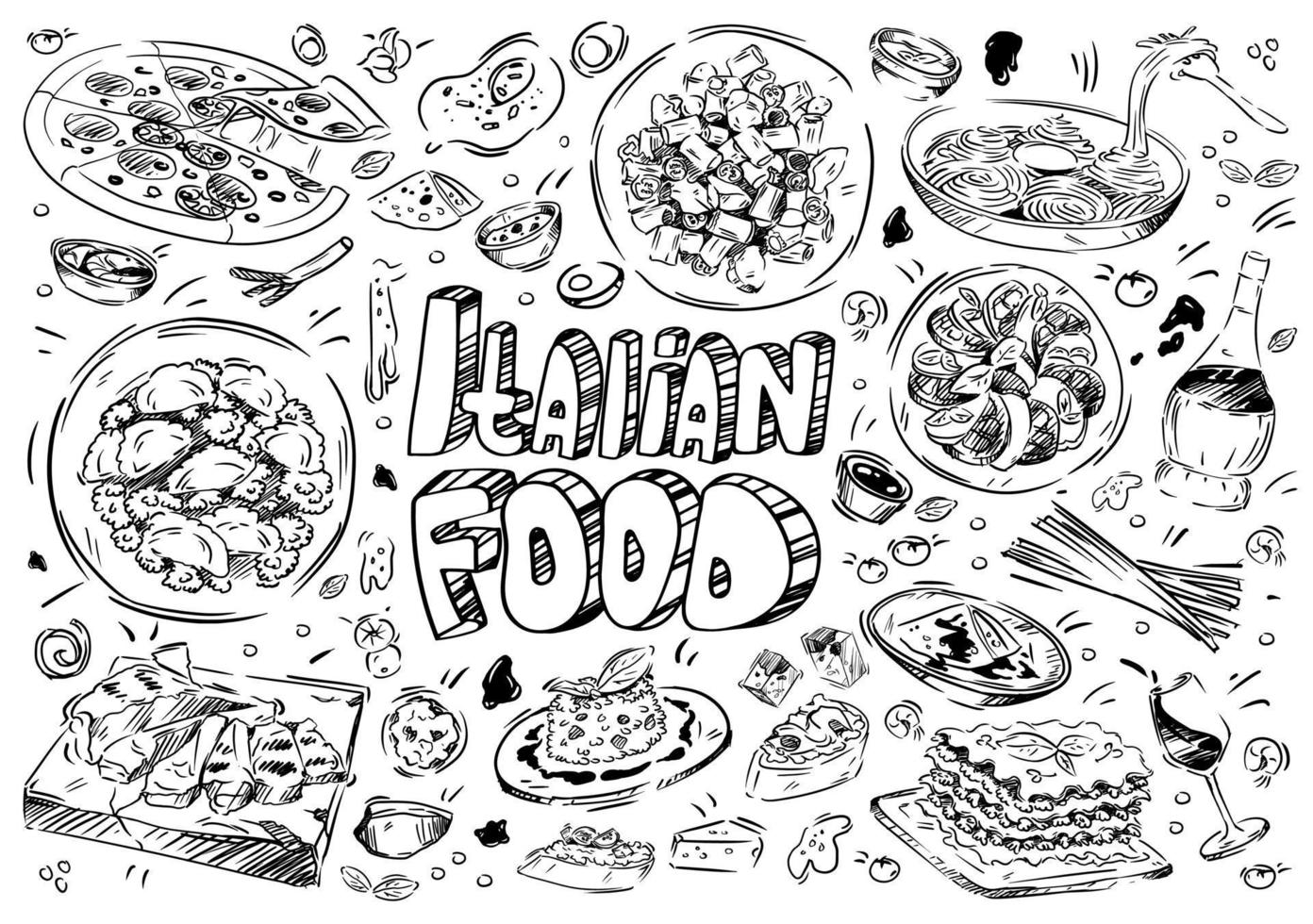 hand gezeichnete vektorillustration. Doodle italienisches Essen, Pizza, Käse, Bruschetta, Pasta Carbonara, Risotto, Lasagne, Pesto, Ravioli, Basilikum, Fleisch Fiorentina, Wein vektor