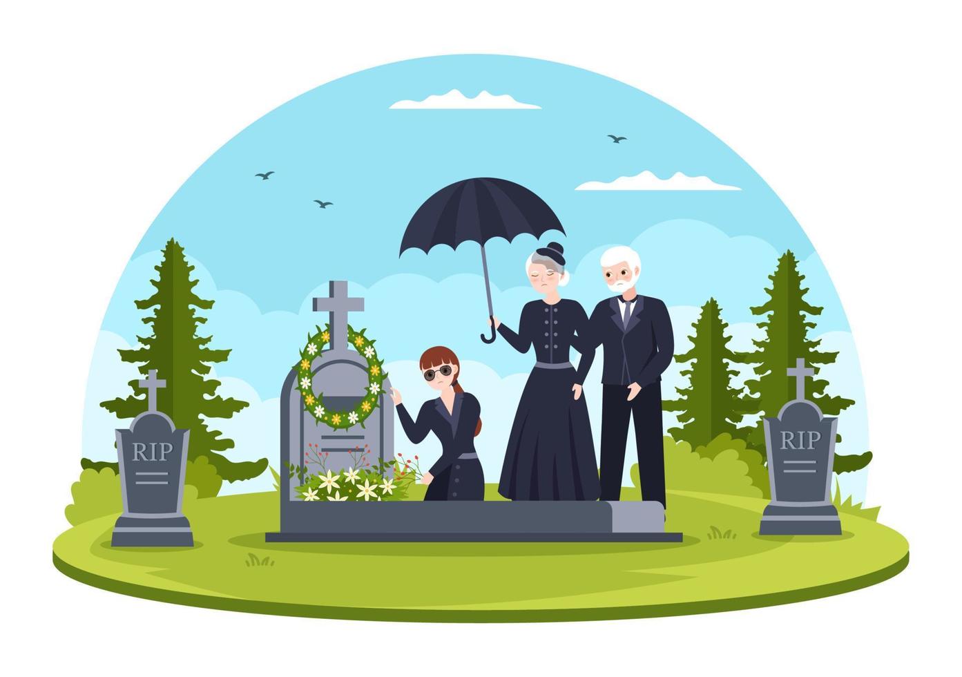 begravning ceremoni i grav av ledsen människor i svart kläder stående och krans runt om Kista i platt tecknad serie hand dragen mall illustration vektor