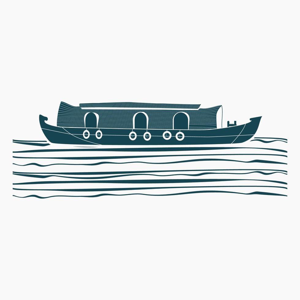 redigerbar isolerat platt svartvit sida se typisk indisk kerala husbåt bakvatten på vågig sjö vektor illustration för konstverk element av transport eller rekreation av hindustan relaterad design