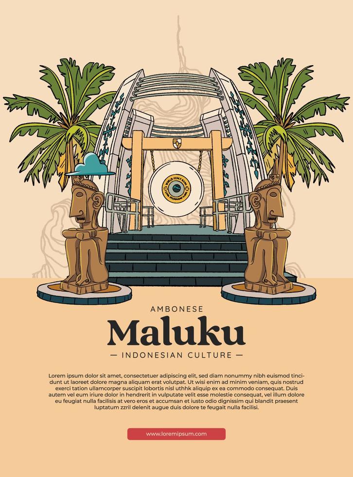 weltfriedensgong platziert in maluku indonesische kultur handgezeichnete illustration poster design inspiration vektor