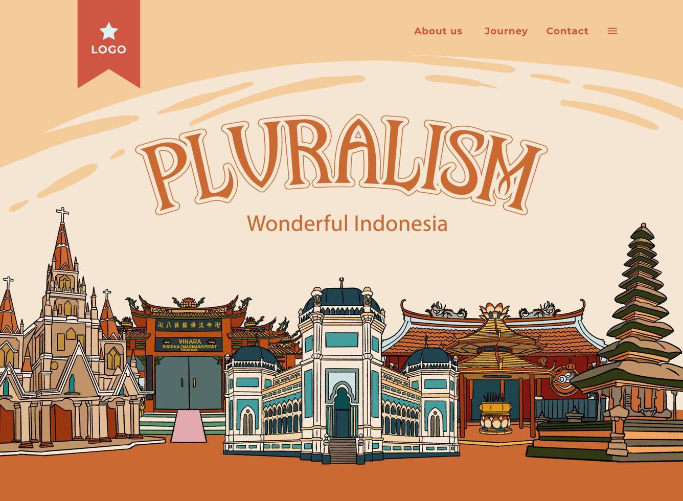 handgezeichnete illustration des indonesischen religionsgebäudes. pluralismus illustrationsidee vektor
