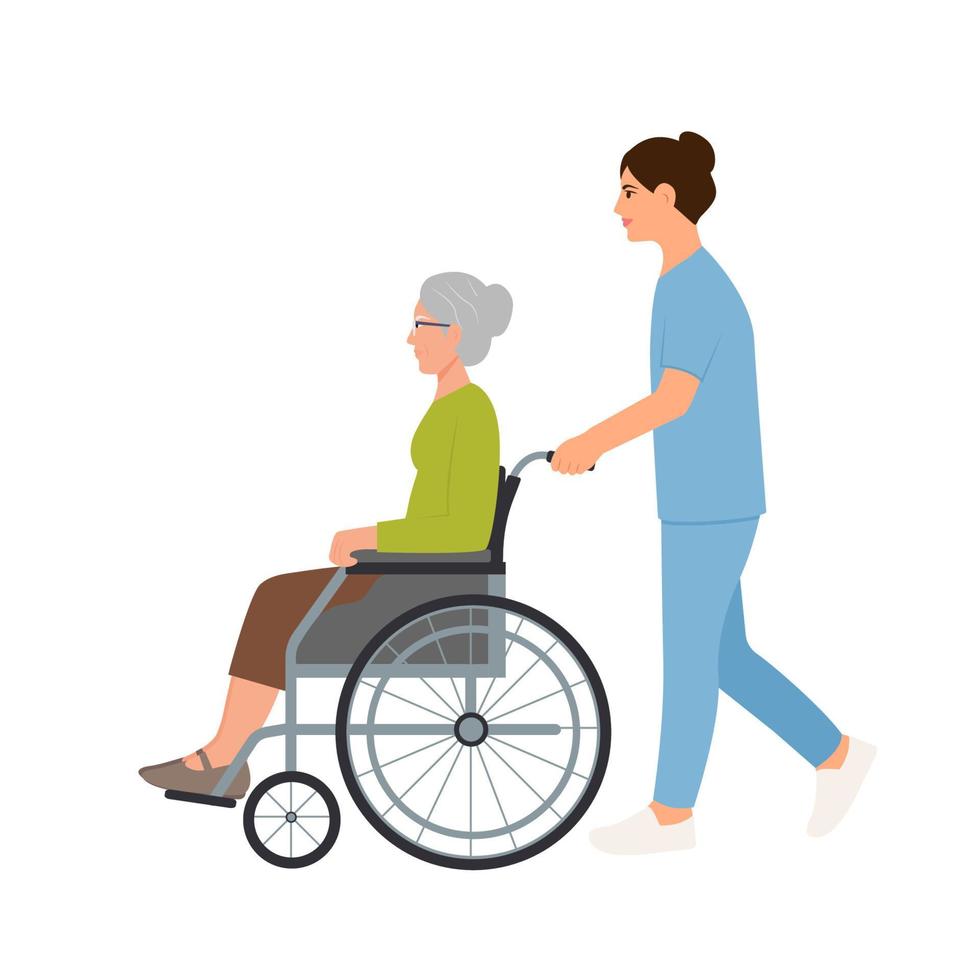 en manlig sjuksköterska i mask tryckande en rullstol för ett äldre kvinna. senior patient.vektor illustration vektor