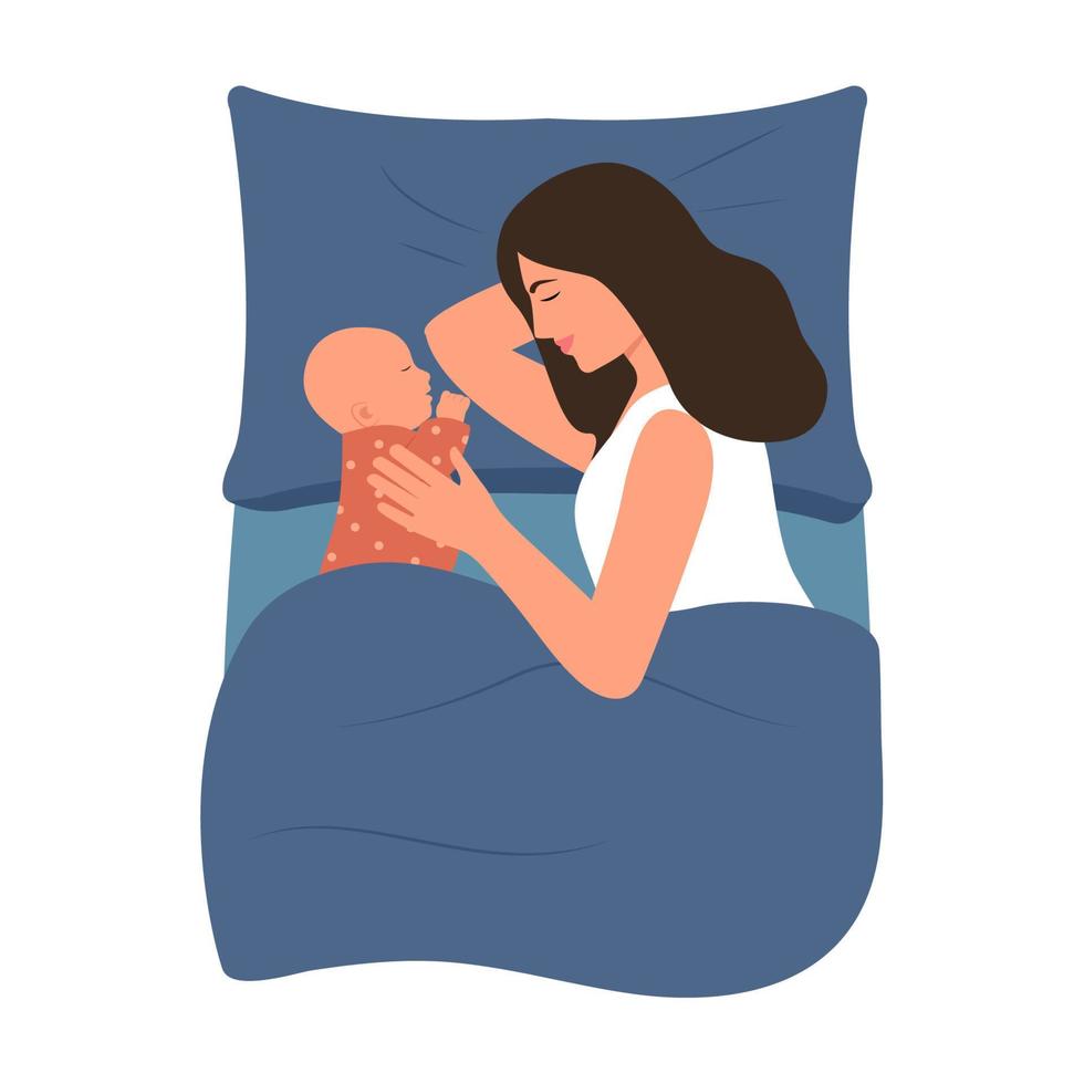 mutter und neugeborenes baby schlafen zusammen, mama und kleinkind liegen im bett. konzept des stillens, der pflege und der entspannung. Muttertag und Elternschaft. Vektor-Illustration vektor