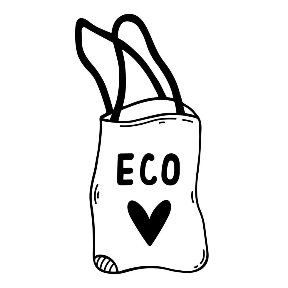 återanvändbar eco väska vektor ikon. hand dragen illustration isolerat på vit. plast fri, gå grön, noll avfall. papper eller tyg behållare med hjärta, bio förpackning. tecknad serie klotter för affisch, skriva ut, logotyp