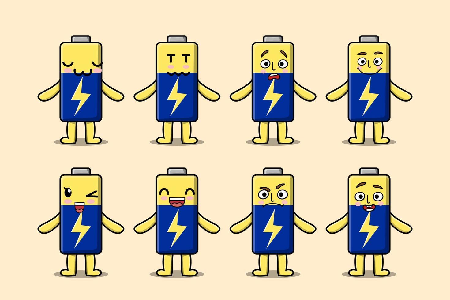 uppsättning söt batteri tecknad serie karaktär uttryck vektor