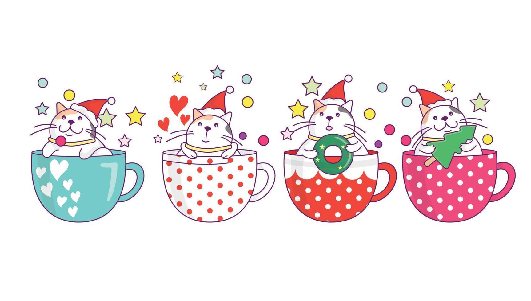 sammlung süßer katze in weihnachtsgetränktasse, kaffee oder tee mit gekritzelkarikaturart. vektor