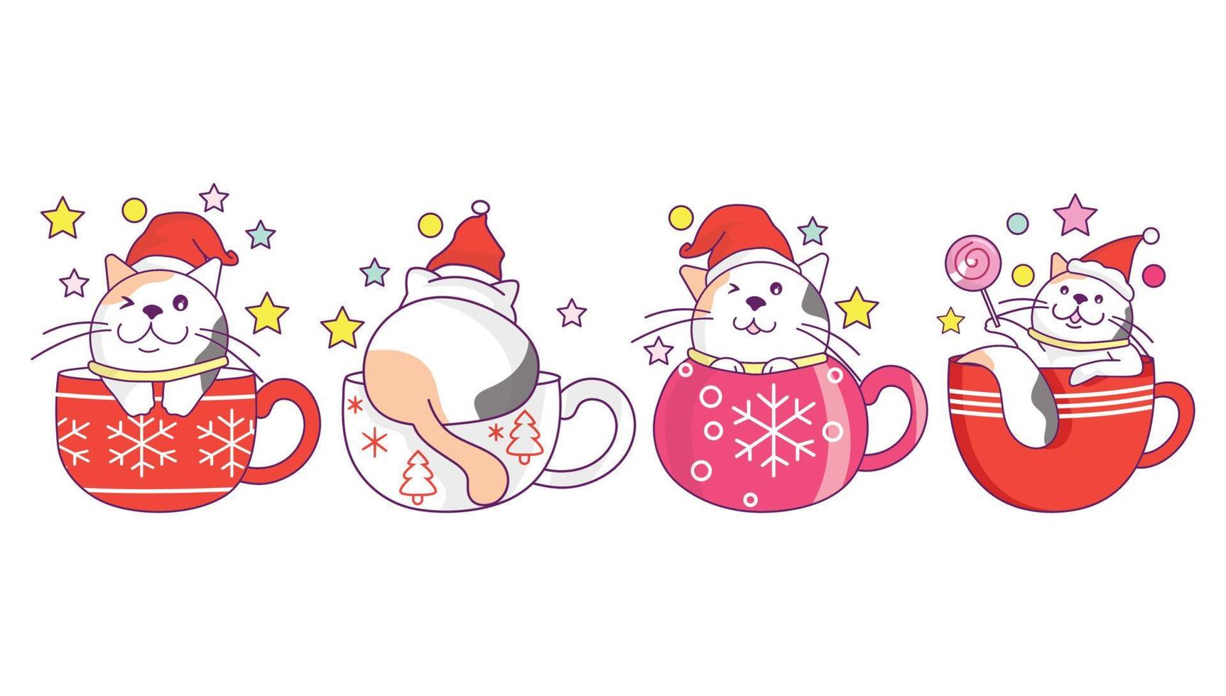 samling av söt katt i jul dryck kopp, kaffe eller te med klotter tecknad serie stil. vektor