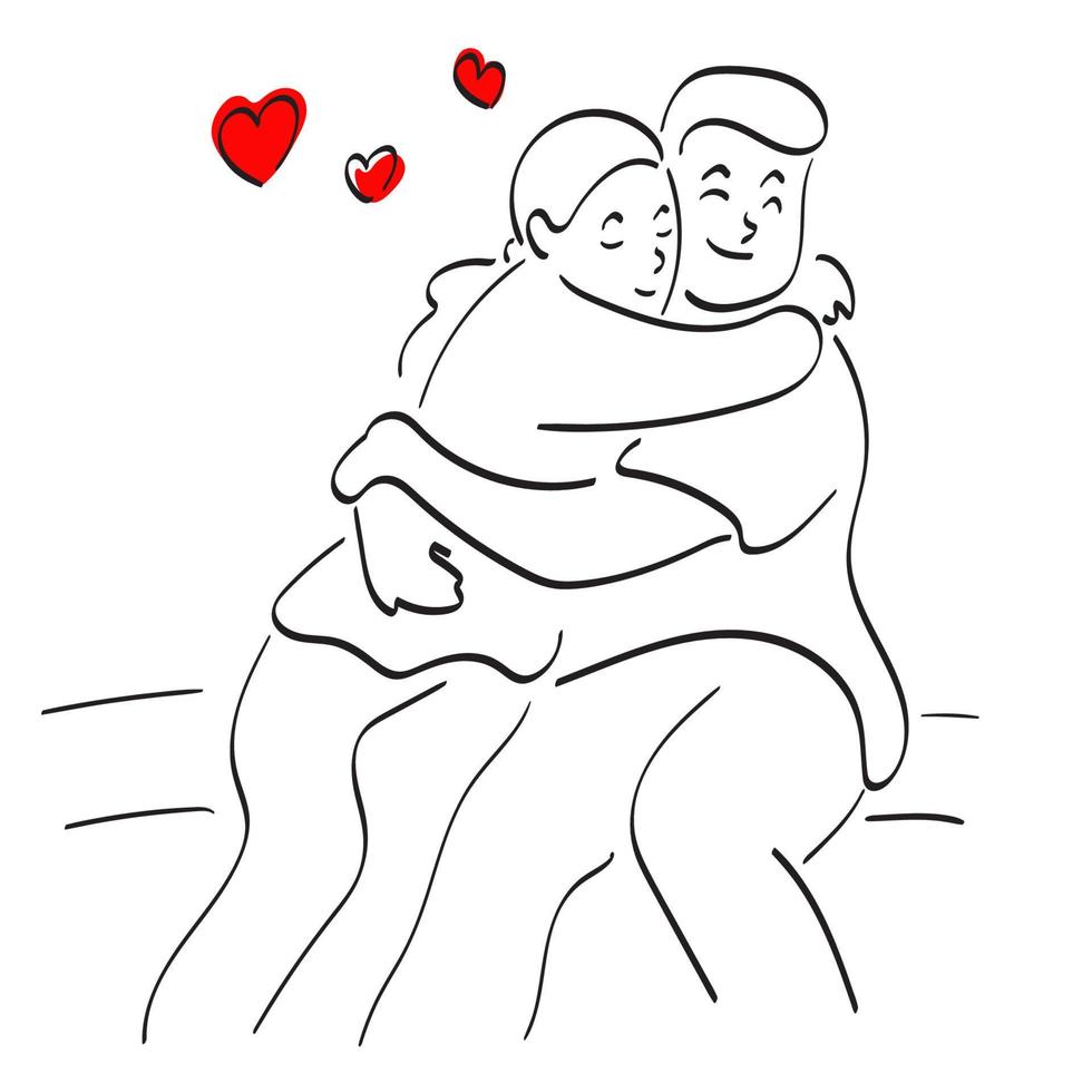 ung par i kärlek kramas med hjärta illustration vektor hand dragen isolerat på vit bakgrund linje konst.