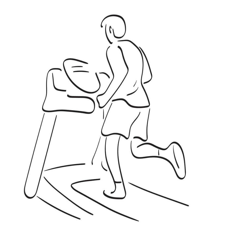 mann läuft auf laufband im fitnessstudio illustration vektor handgezeichnet isoliert auf weißem hintergrund strichzeichnungen.