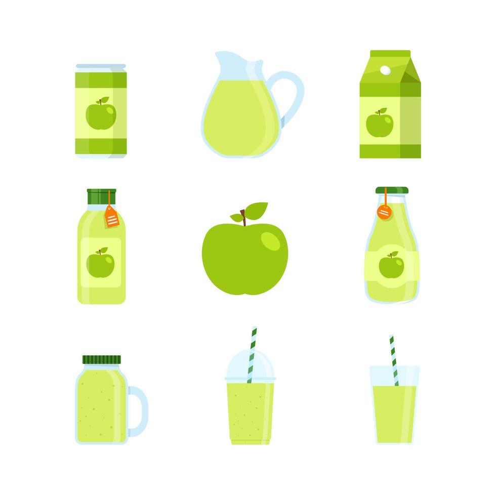 grünes Apfelgetränk in Dose, Plastikbecher und Glasbecher isoliert auf weißem Hintergrund, Saft und Smoothie vektor