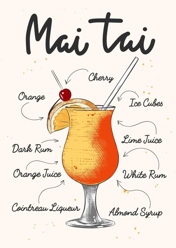 vektorgravierte mai tai-cocktailillustration für plakate, dekoration, logo und druck. handgezeichnete skizze mit beschriftung und rezept, getränkezutaten. detaillierte bunte Zeichnung. vektor