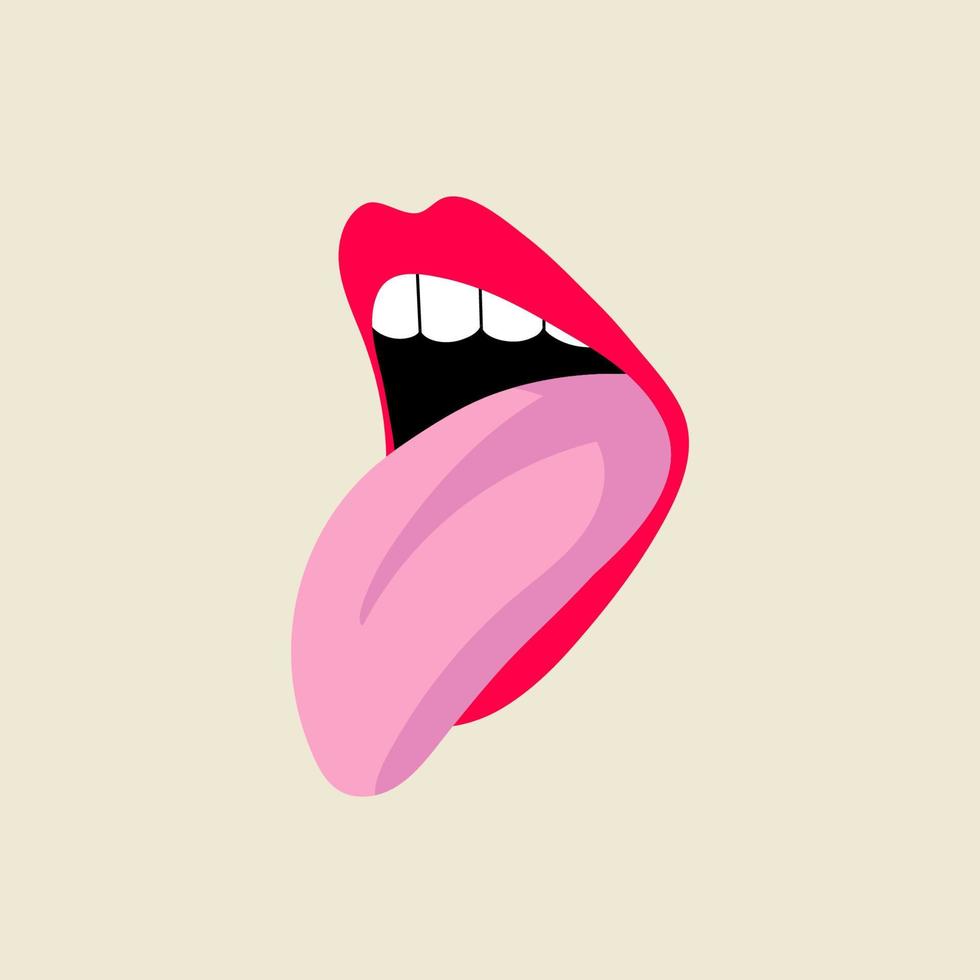 öppen kvinna mänsklig mun med tunga, tänder i modern platt, linje stil. hand dragen vektor illustration av mun, öppen mun fastnar ut, sexig tunga, passion, gott. mode lappa, bricka, emblem