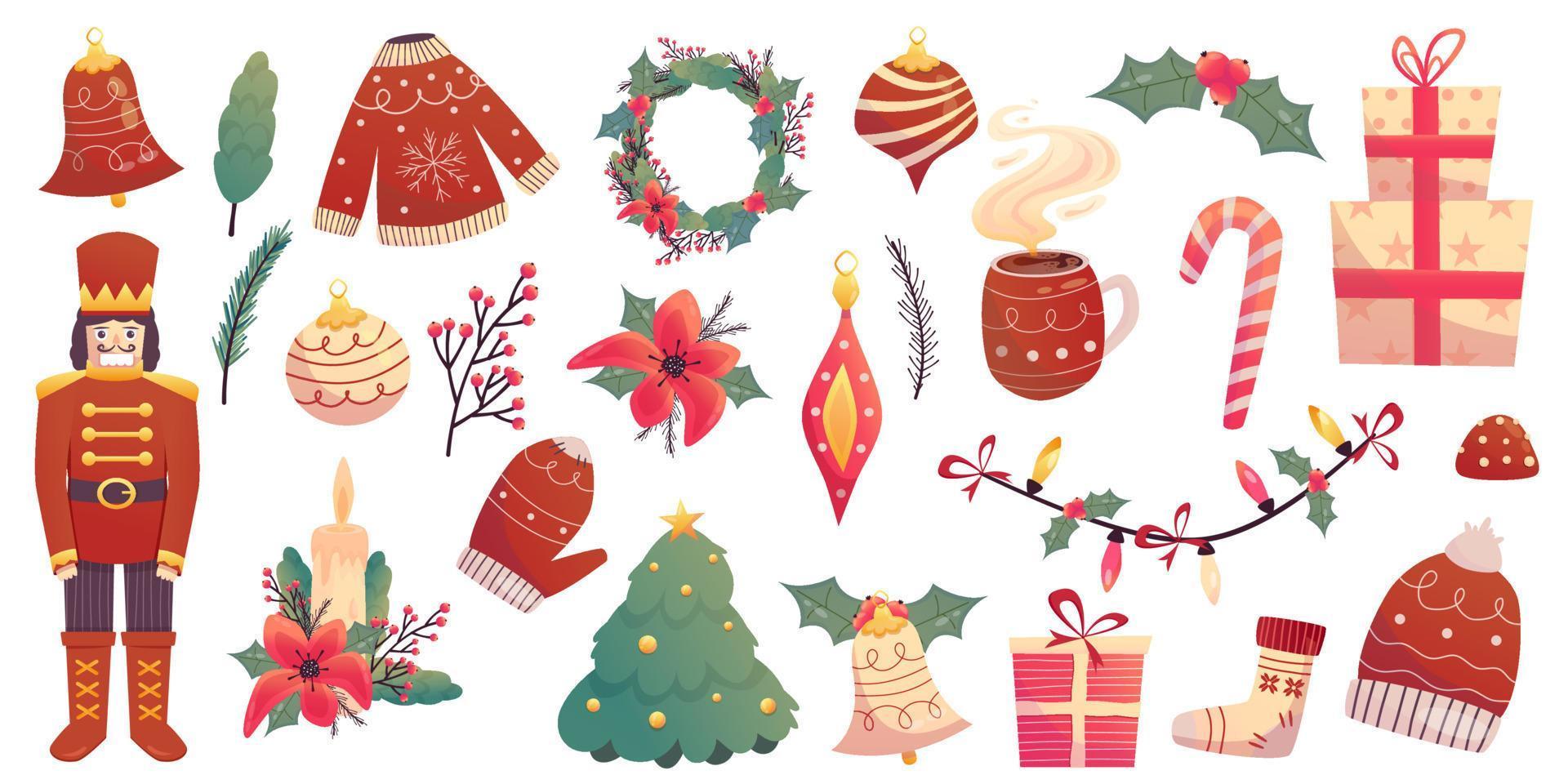 weihnachtsschmuck mit spielzeug, nussknacker und kerze. Vektor-Illustration-Cliparts. Feiertagsblumen-Weihnachtsstern mit Glocke und Geschenk für Feiertagsdesign. weihnachtsbaum, girlandenkleidung hygge design. vektor