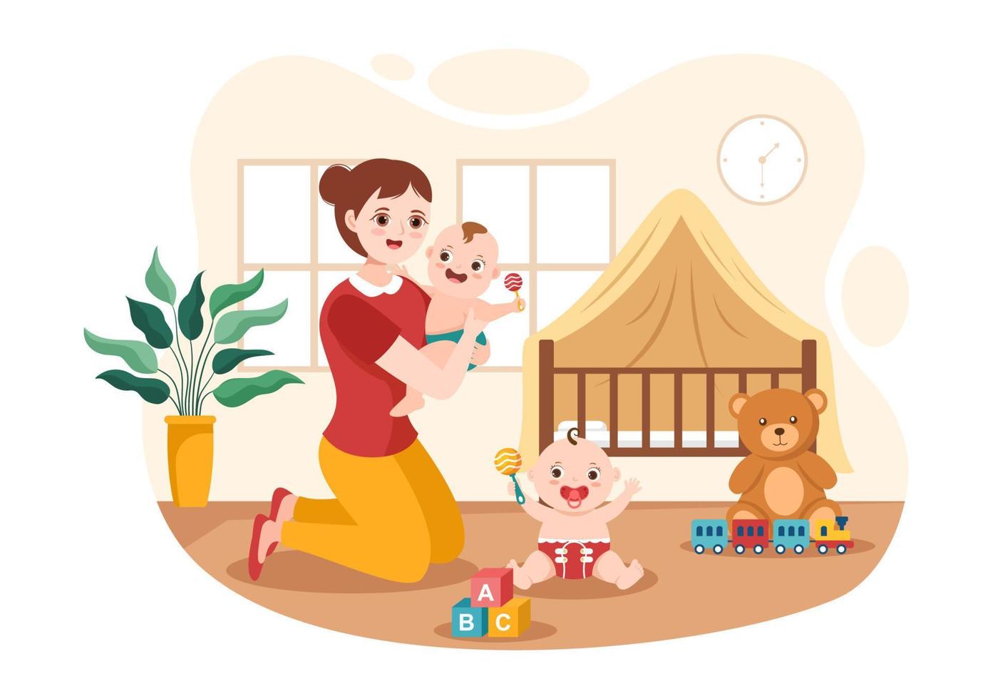 barnvakt eller barnskötare tjänster till vård för förse för bebis behov och spela med barn på platt tecknad serie hand dragen mall illustration vektor