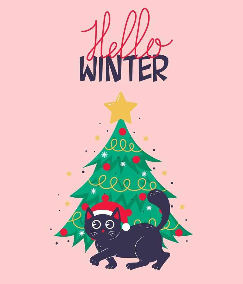 weihnachtskarte, banner oder postervorlage mit einem weihnachtsbaum und einer niedlichen schwarzen katze, die mit der aufschrift hallo winter in der nähe spaziert vektor
