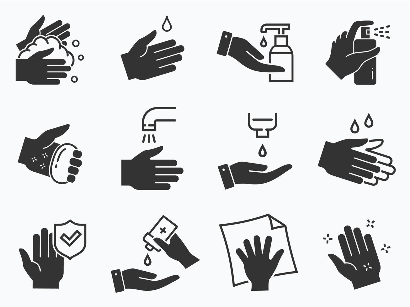 Symbole zum Händewaschen festgelegt. schwarze Vektorillustration. vektor