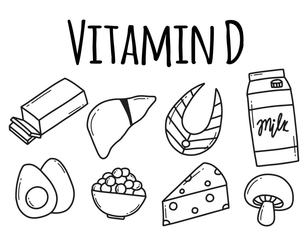 Vitamin-D. satz von lebensmitteln, die vitamin d enthalten. Lebensmittel reich an Vitamin D. Vektor-Illustration. Vektor-Illustration. Doodle-Stil. vektor
