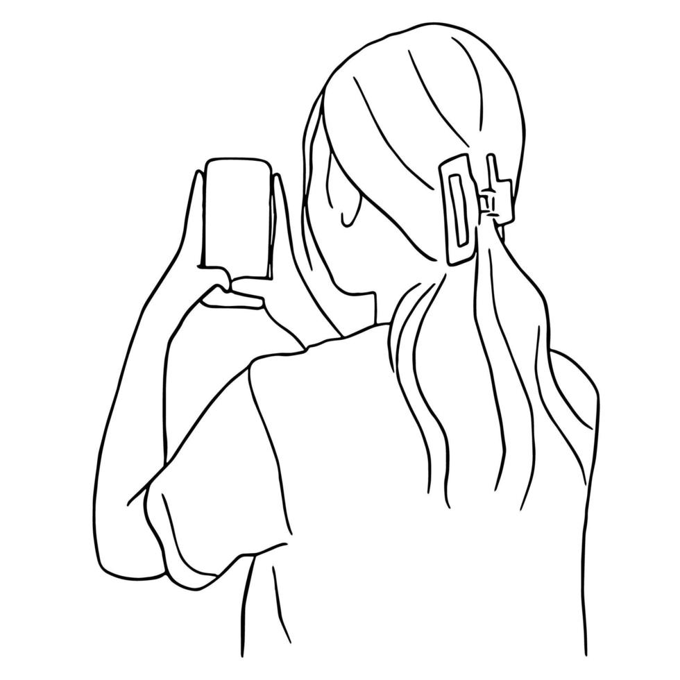 Strichzeichnungen minimal von jungen Frauen mit Smartphone in handgezeichnetem Konzept für Dekoration, Doodle-Stil vektor