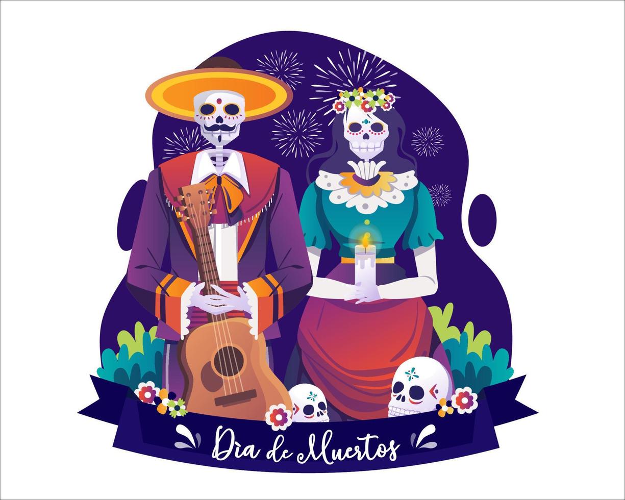 dag av död, dia de los muertos mexikansk Semester med catrina och en mariachi musiker med en socker skalle innehav en gitarr och ljus. vektor illustration i platt stil