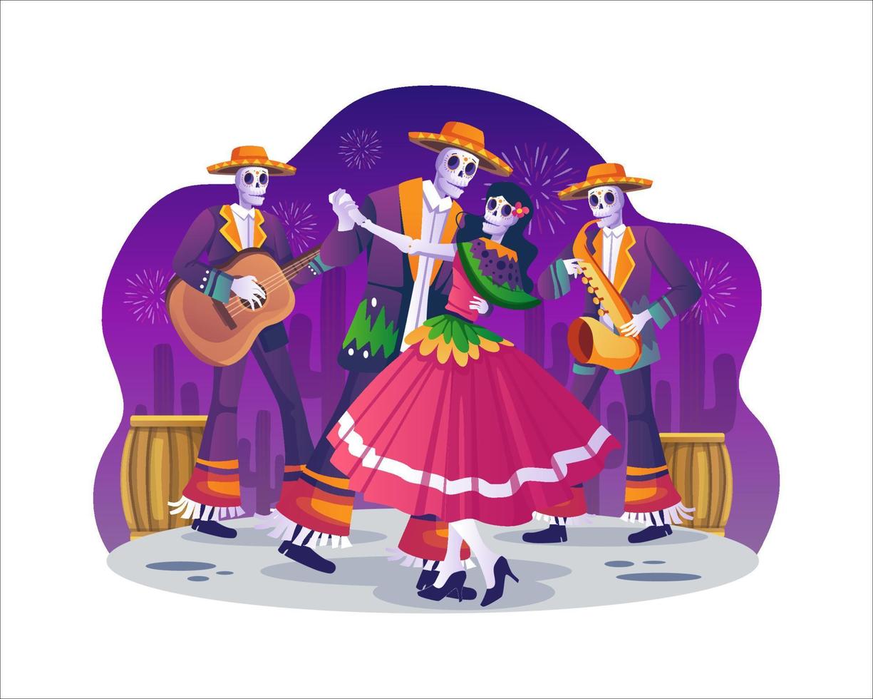 tag der toten, dia de los muertos mexikanischer feiertag mit tanzender catrina calavera und mariachi-musikerskeletten mit einem sombrero, der musik spielt. vektorillustration im flachen stil vektor