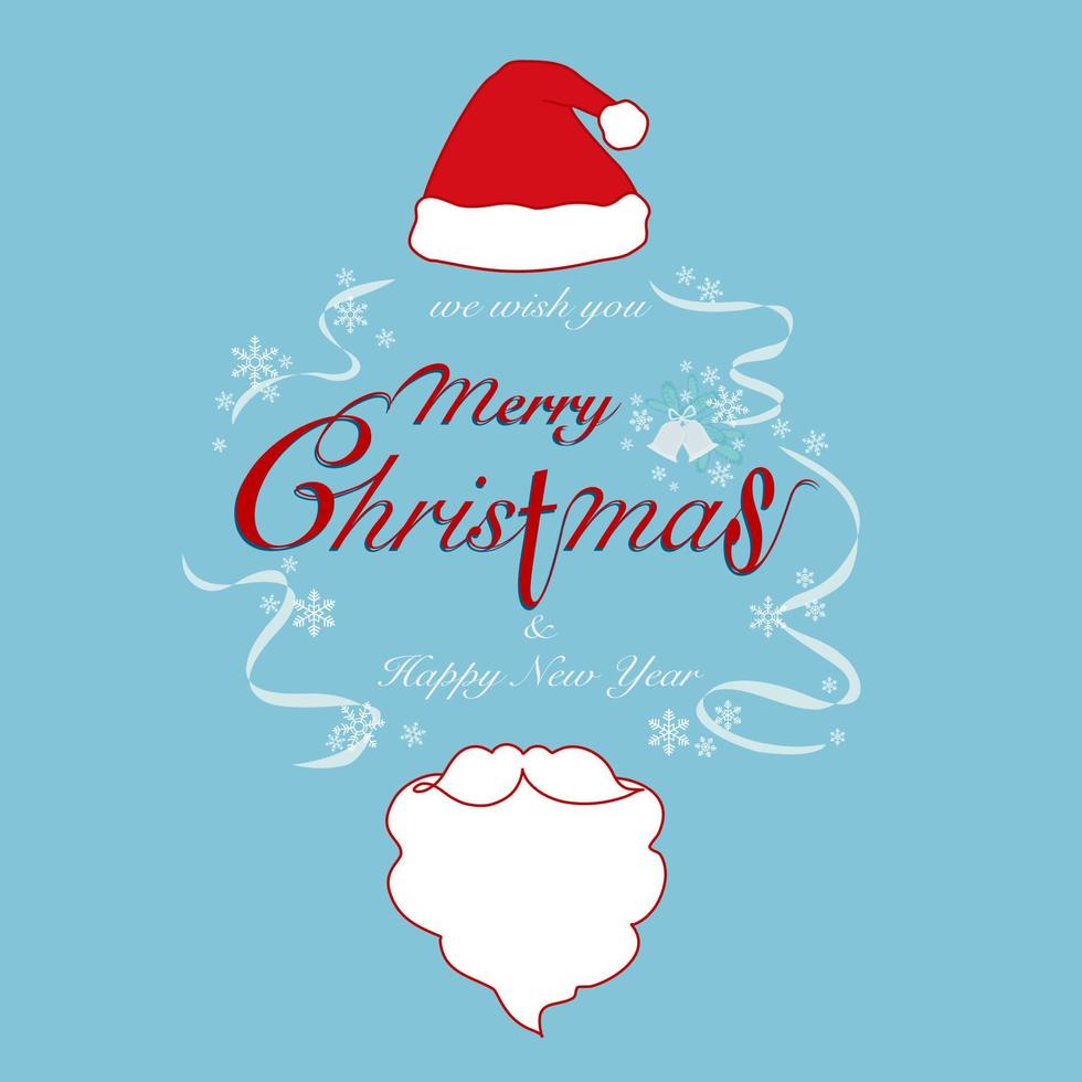 vektor des grußes frohe weihnachten und guten rutsch ins neue jahr wünscht postkartenzeichnung, verziert mit rotem weihnachtsmannhut, weißem bart, schriftzug, weißem band, schneeflocken, glocke auf blauem hintergrund