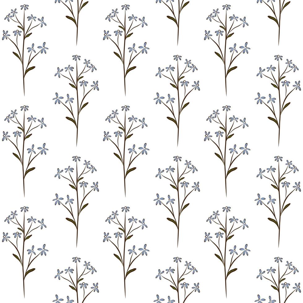 weißer Vektor nahtloser Hintergrund mit hellblauen Vergissmeinnicht-Wildblumen