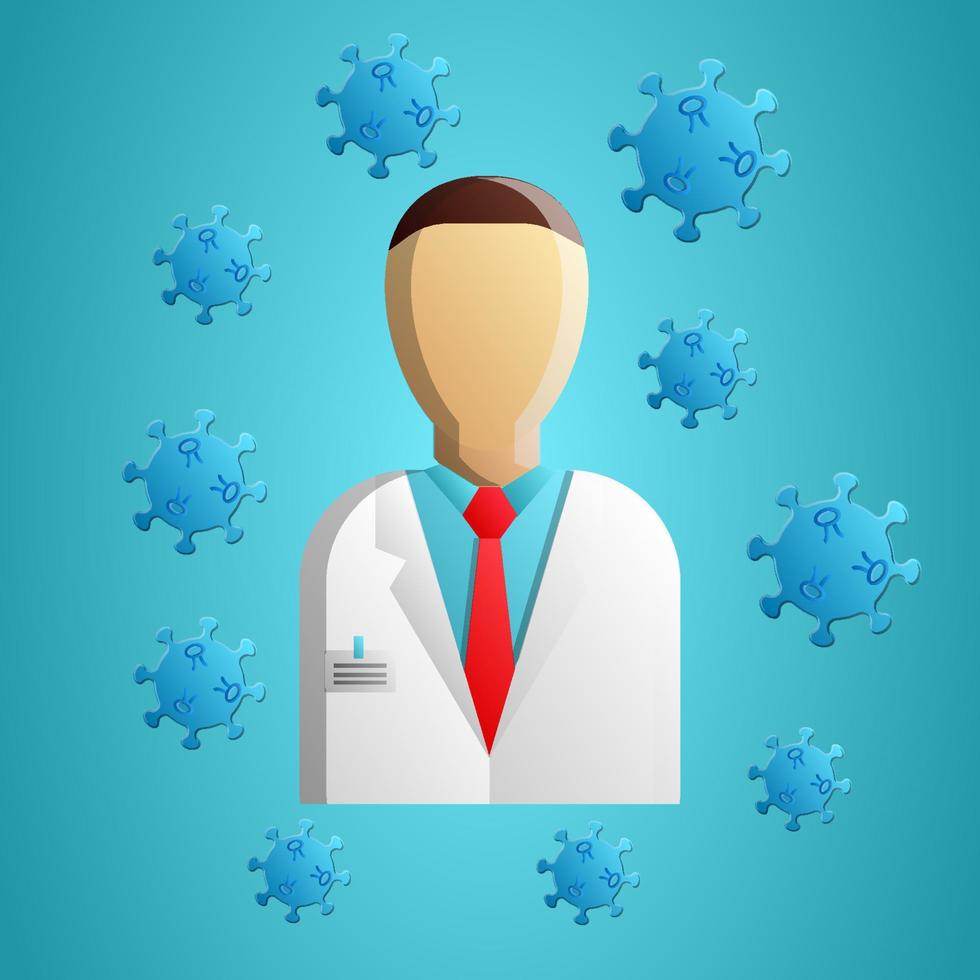 läkare, medicinsk arbetstagare i en vit sjukhus täcka och de sjukdom dödligt farlig coronavirus infektion covid-19 pandemi virus molekyl på en blå bakgrund vektor