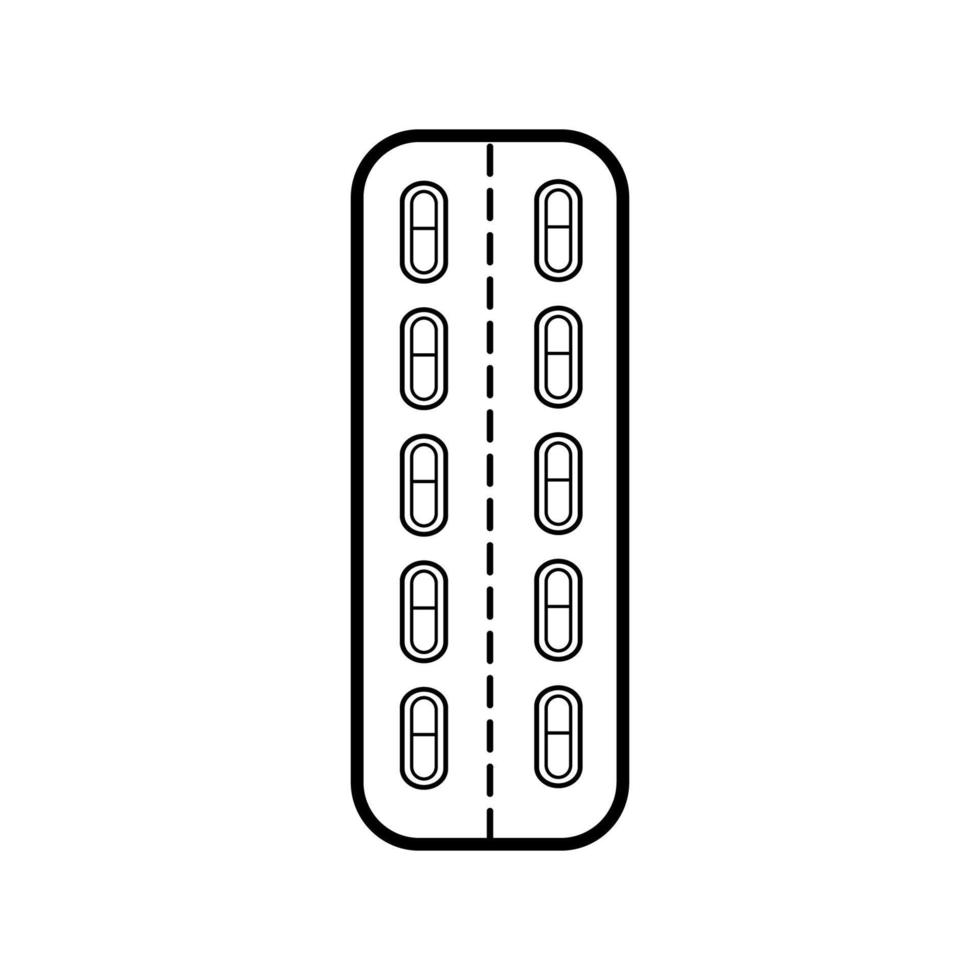 medicinsk farmaceutisk piller piller i de paket, de tallrik för de behandling av sjukdomar, en enkel svart och vit ikon på en vit bakgrund. vektor illustratio