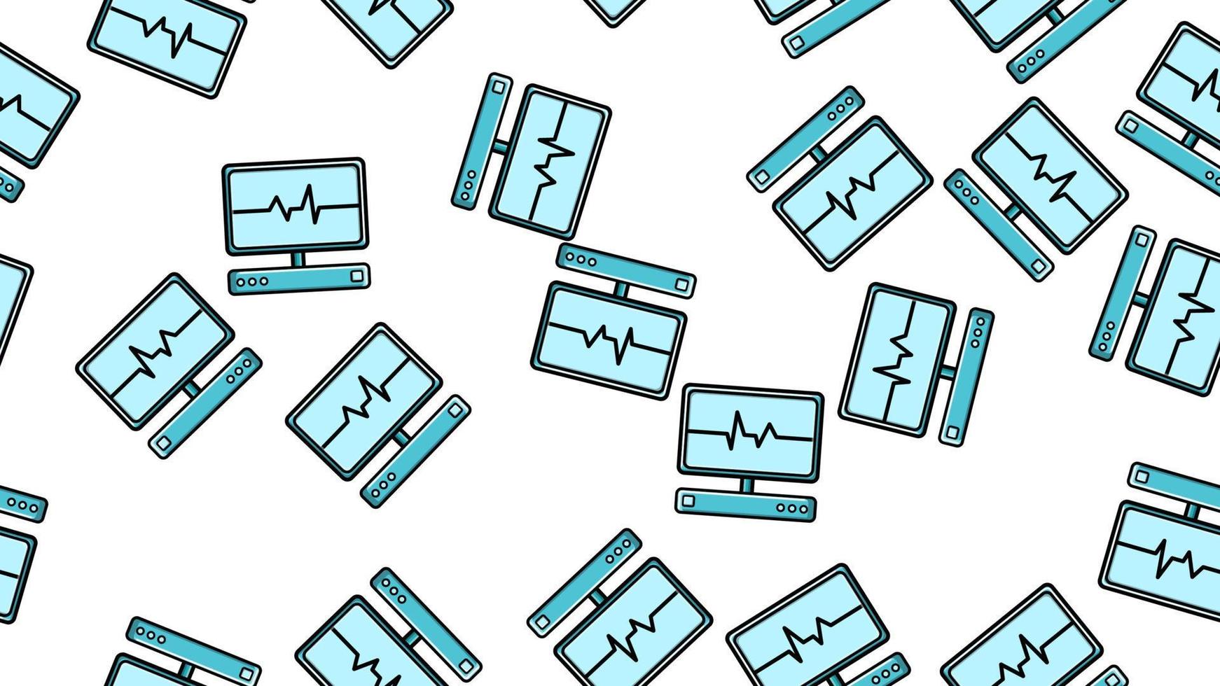 Nahtlose Mustertextur endloser repetitiver wissenschaftlicher Medizin mit Puls und Kardiogramm moderner digitaler Laptop-Computer mit Monitoren auf weißem Hintergrund. Vektor-Illustration vektor