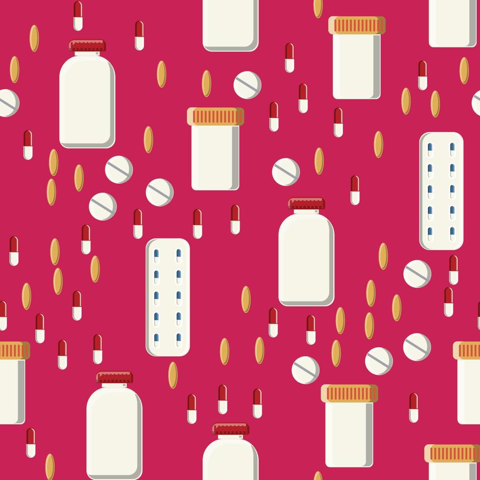 medizinisches nahtloses muster, die textur von medizinischen pharmazeutischen tabletten, dosen, kapseln, vitaminen, drogen, platten, antibiotika, omega-3-fischöl isoliert auf rosa hintergrund. Konzept Gesundheitsversorgung vektor