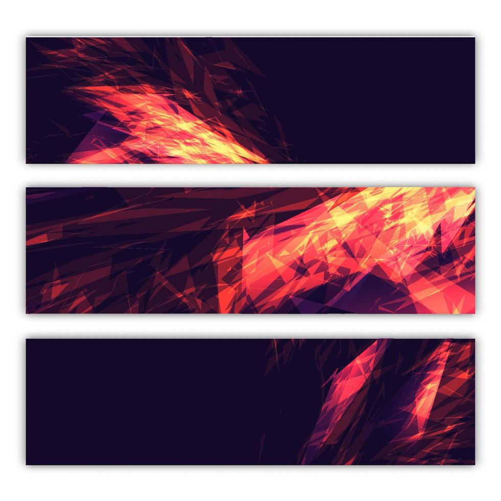 en uppsättning av tre abstrakt flerfärgad bakgrunder av abstrakt ljus energisk modern digital texturer av de framtida magisk violett vågor av trianglar av skön böjd affischer. vektor illustration