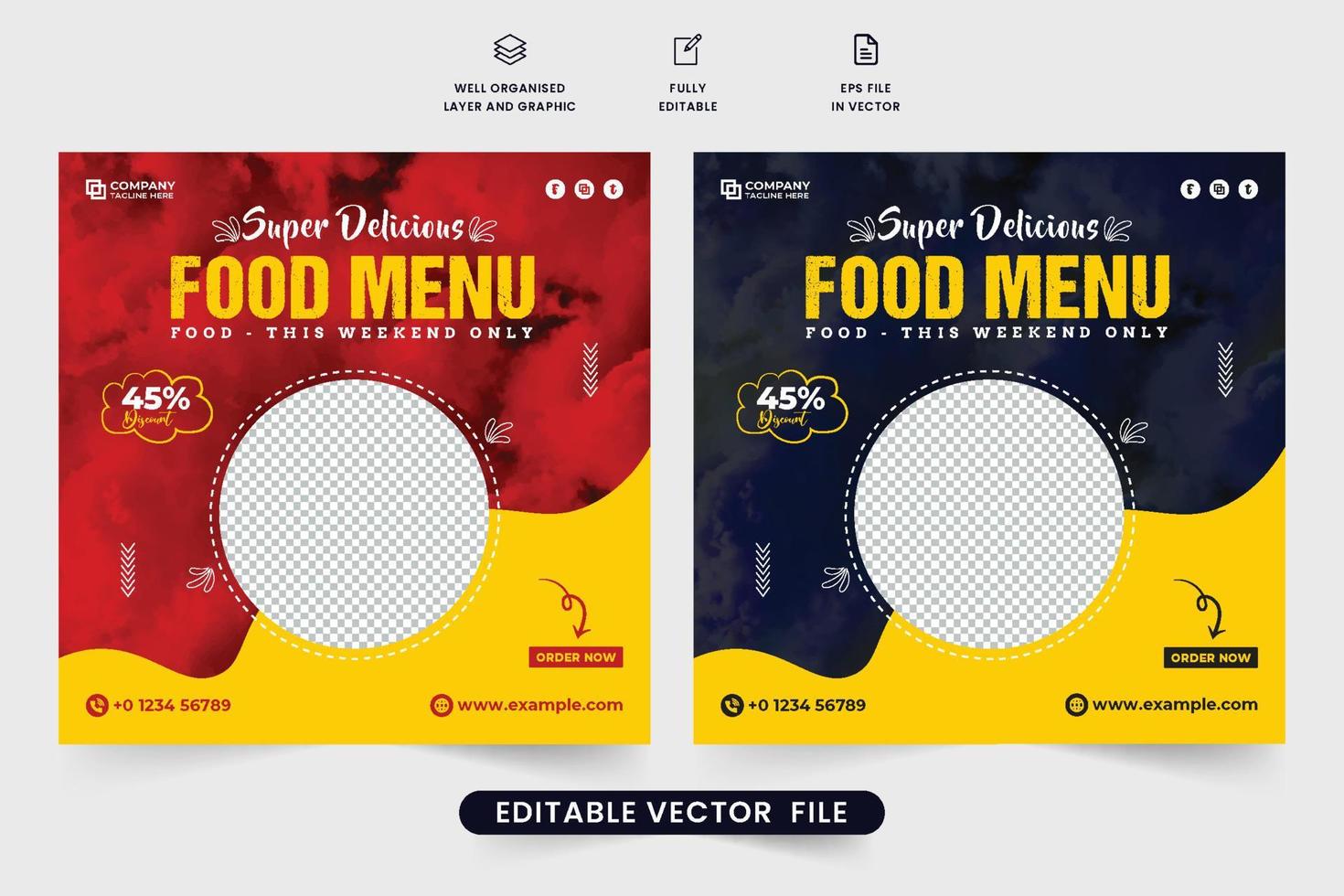 Köstliches Essensmenü Social Media Post Vektor mit roten und gelben Farben. Werbeschablonendesign für Restaurantlebensmittel mit abstrakten Formen. Web-Banner für digitales Marketing im Restaurantgeschäft.