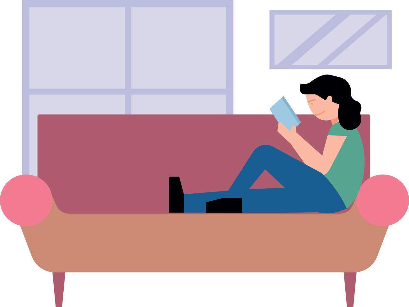 Das Mädchen sitzt auf dem Sofa und liest ein Buch. vektor
