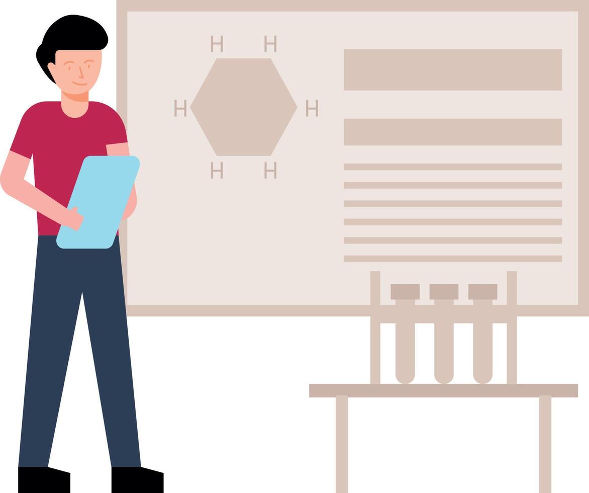 der junge steht neben der chemietafel. vektor