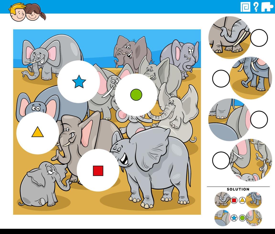 Match-Piece-Aufgabe mit Cartoon-Elefanten-Tieren vektor