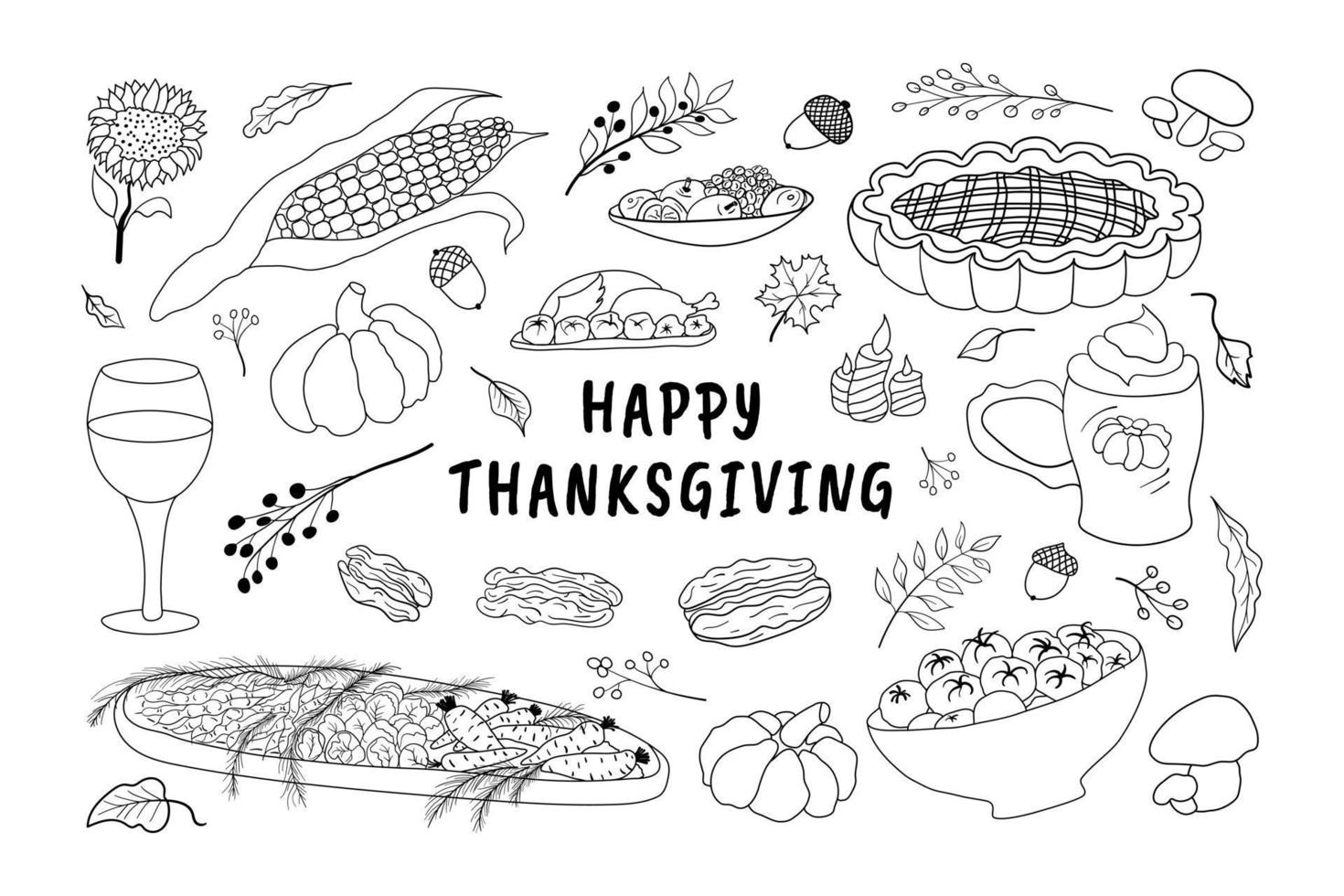 Reihe von Thanksgiving-Cliparts. handgezeichnete niedliche und lustige Thanksgiving-Doodle-Symbole für Design vektor