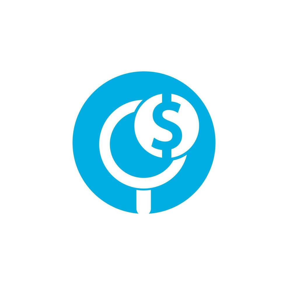 pengar Sök logotyp ikon mall design. mynt och lupp logotyp kombination. pengar och förstorande symbol eller ikon. vektor