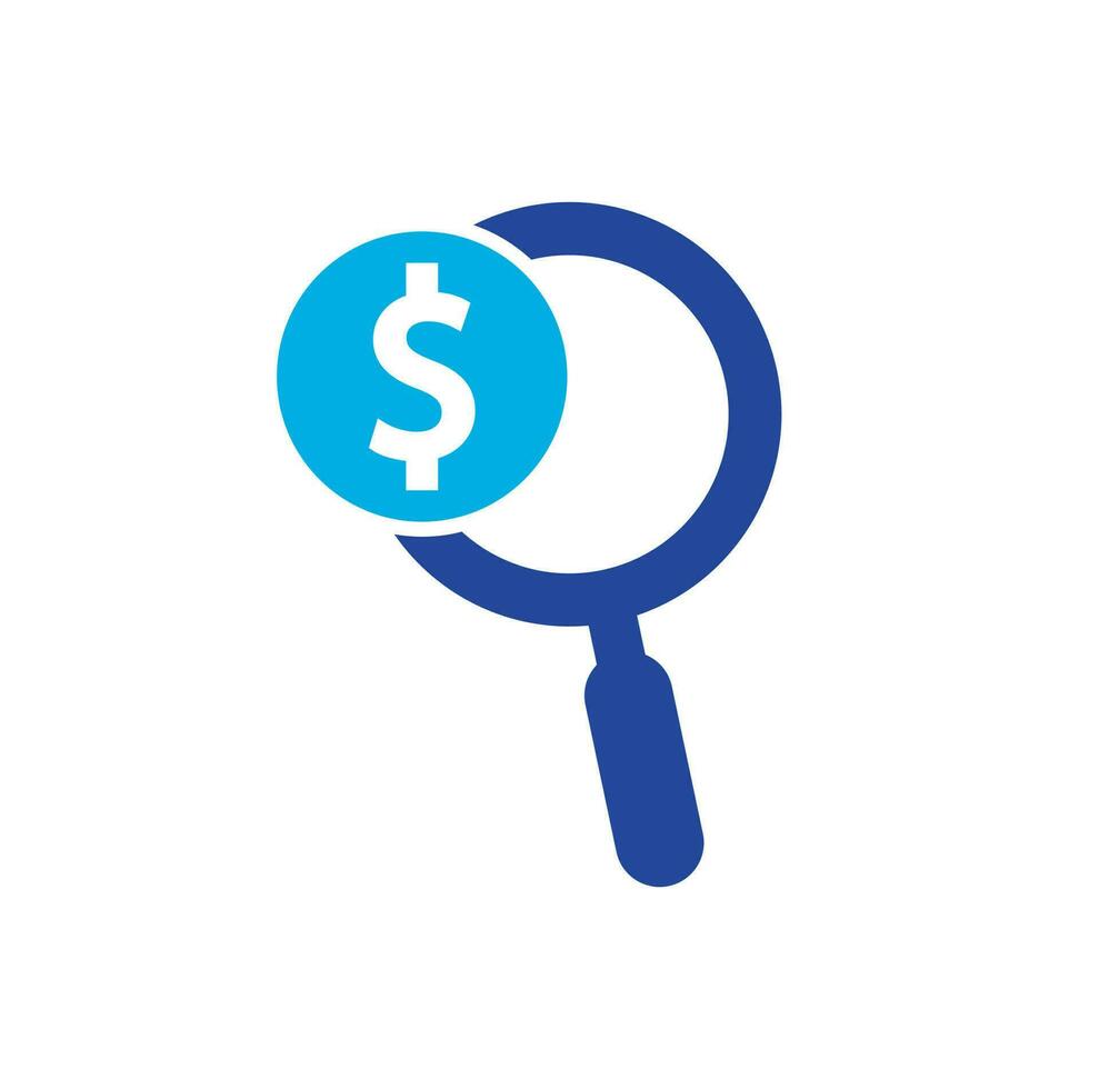 Design der Symbolvorlage für das Logo der Geldsuche. Logo-Kombination aus Münze und Lupe. Geld und Vergrößerungssymbol oder Symbol. vektor