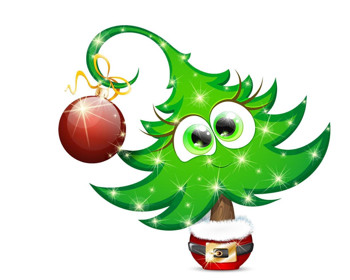 lustige tannenbaummädchenfigur mit hängendem weihnachtsschmuck und weihnachtslichtern in einem topf, dekoriert wie weihnachtsmannkostüm vektor