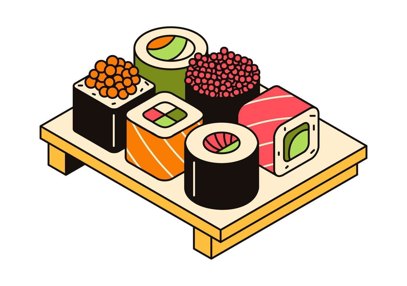 Vektor-3D-Illustration traditioneller asiatischer Speisen, die Sushi an Bord servieren. Meeresfrüchte-Ikonen, japanische Küche. Rollen mit Reis, Fisch, Lachs, Avocado und Algen vektor