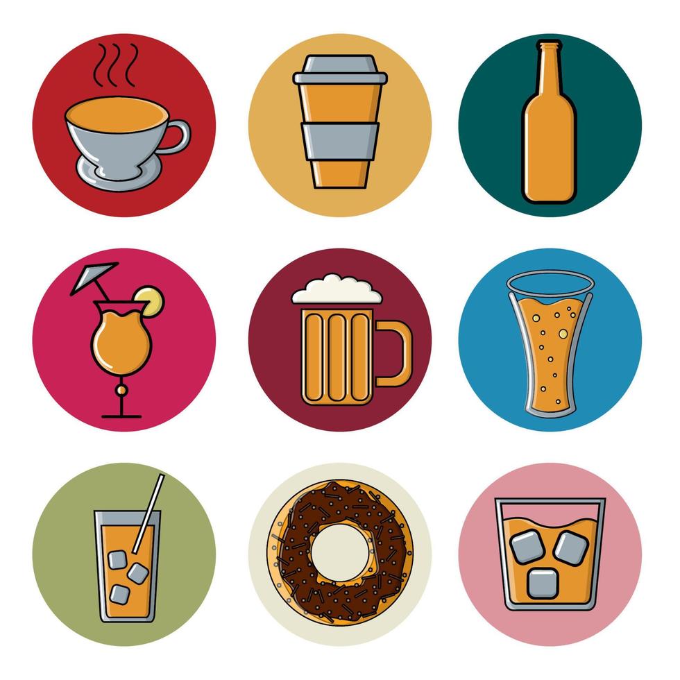 Reihe von mehrfarbigen runden Symbolen für eine Café-Bar eines Restaurants. Artikel von alkoholischen und alkoholfreien Cocktails und Getränken in Gläsern mit Kaffee, Tee, Whisky, Bier, Donuts vektor