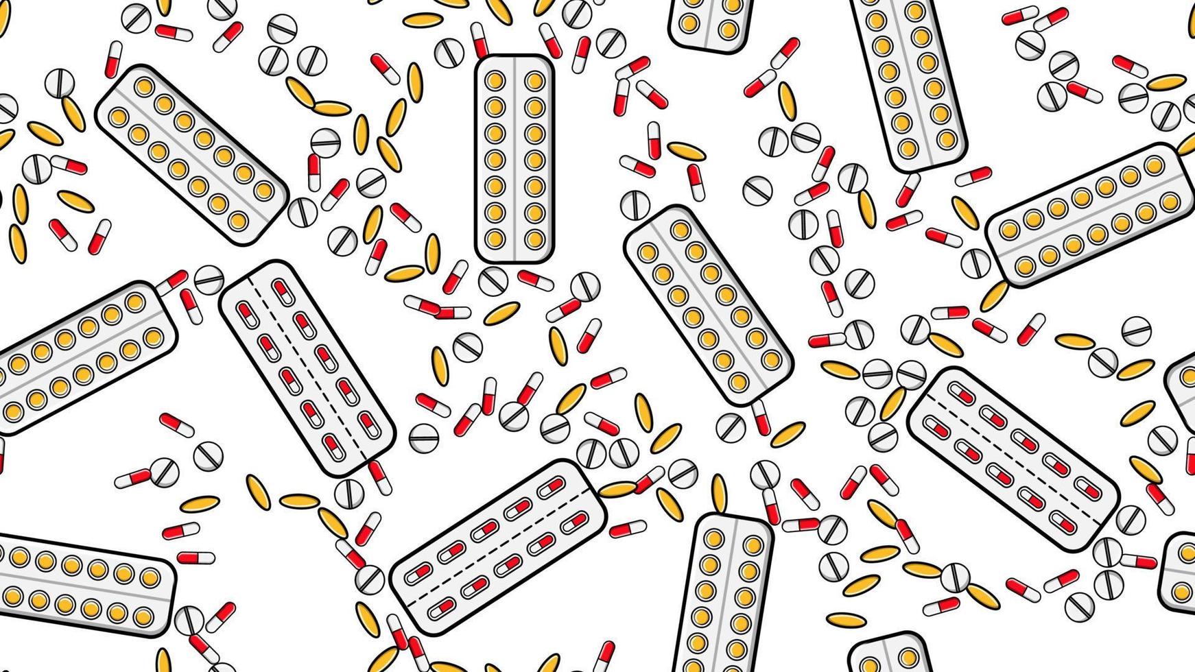 sömlös mönster textur av ändlös repetitiva medicin tabletter piller dragee kapslar och medicin plattor med vitaminer på en vit bakgrund platt lägga. vektor illustration