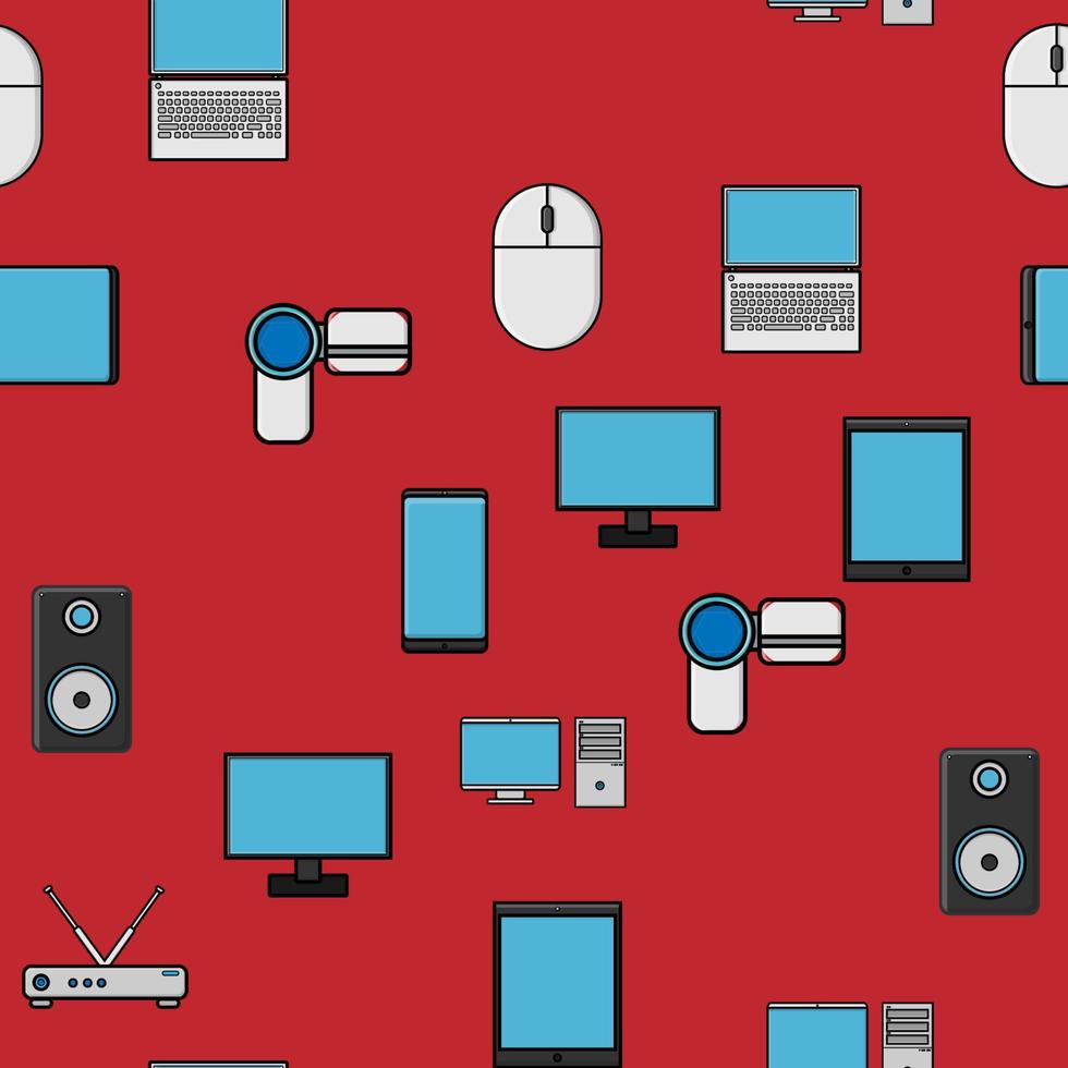 sömlös mönster, textur från modern digital enheter, prylar, tabletter, smartphones, möss, högtalare, monitorer, bärbara datorer, routrar för internet, dator Utrustning på en röd bakgrund. vektor