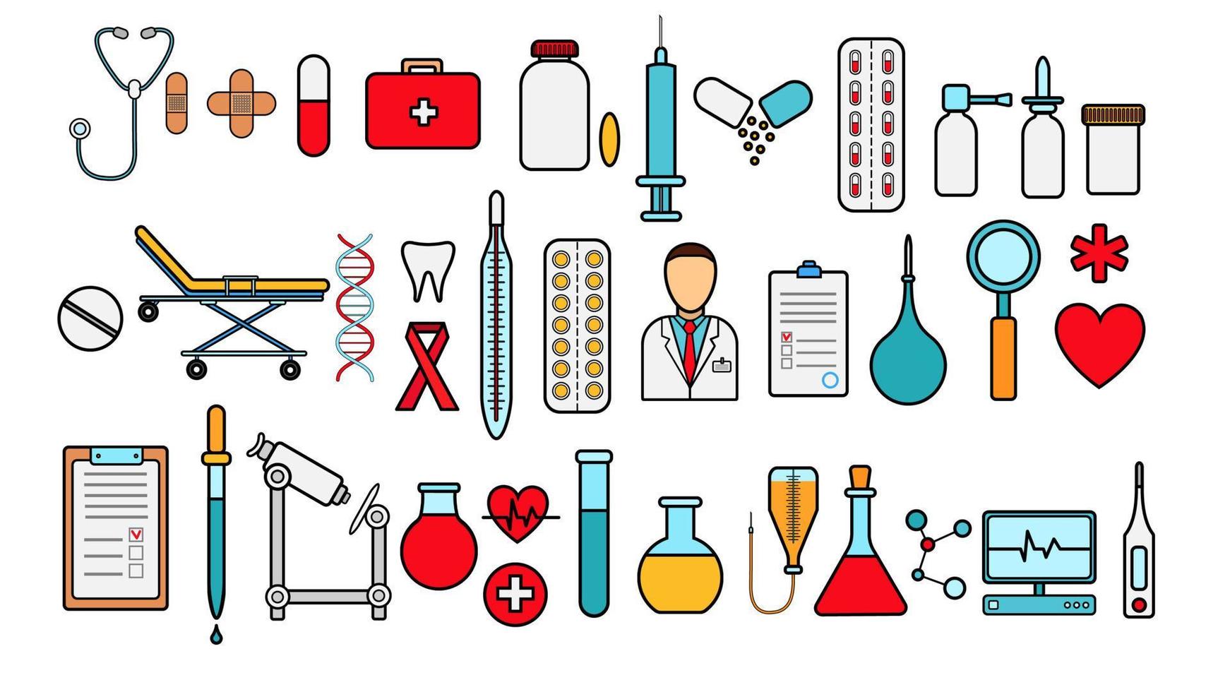 medizinische pharmazeutische große reihe von medizinischen artikeln, geräten, symbolelementen auf weißem hintergrund tabletten thermometer kapseln flaschen medikamente verbandskasten herzmikroskop. Vektor-Illustration vektor