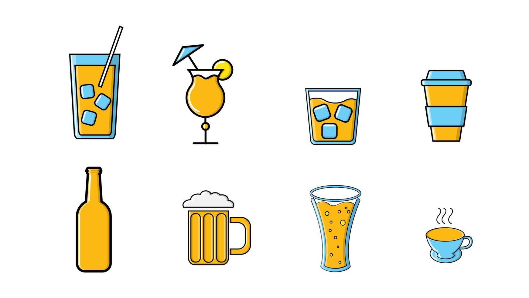 Symbole aus alkoholischen und alkoholfreien Getränken, Flaschen und Bechern mit Tee, Kaffee, Bier, Cocktails und Whiskey-Wodka mit Eis auf weißem Hintergrund mit schwarzem Strich. Vektor-Illustration vektor