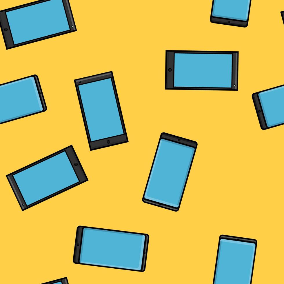 Textur des nahtlosen Musters moderner Gadgets, digitaler Mobiltelefone, Smartphones, neu in flachen Geräten, isoliert auf gelb-orangefarbenem Hintergrund. Vektor-Illustration vektor