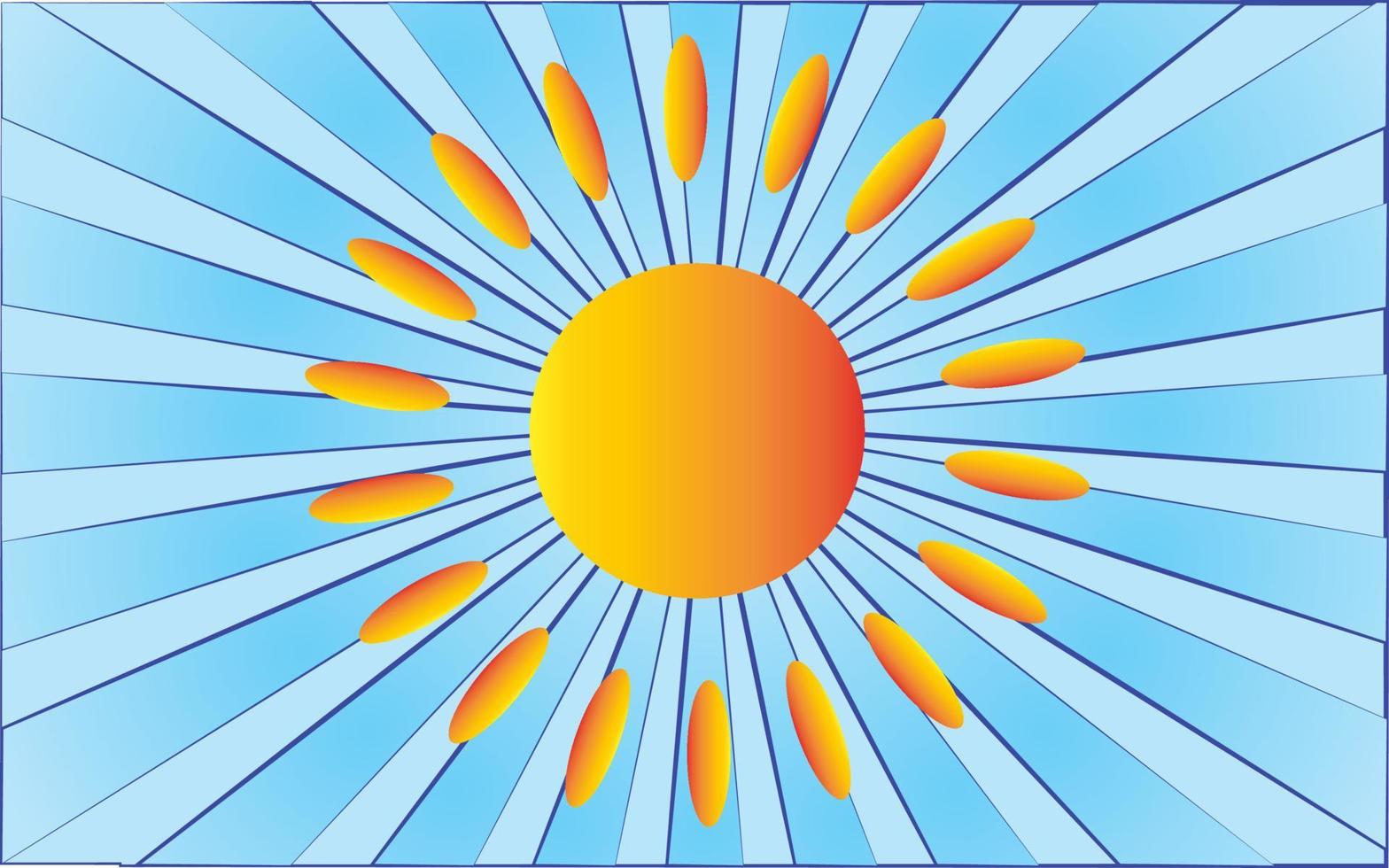 stor ljus gul varm Sol mot en bakgrund av abstrakt blå strålar. vektor illustration