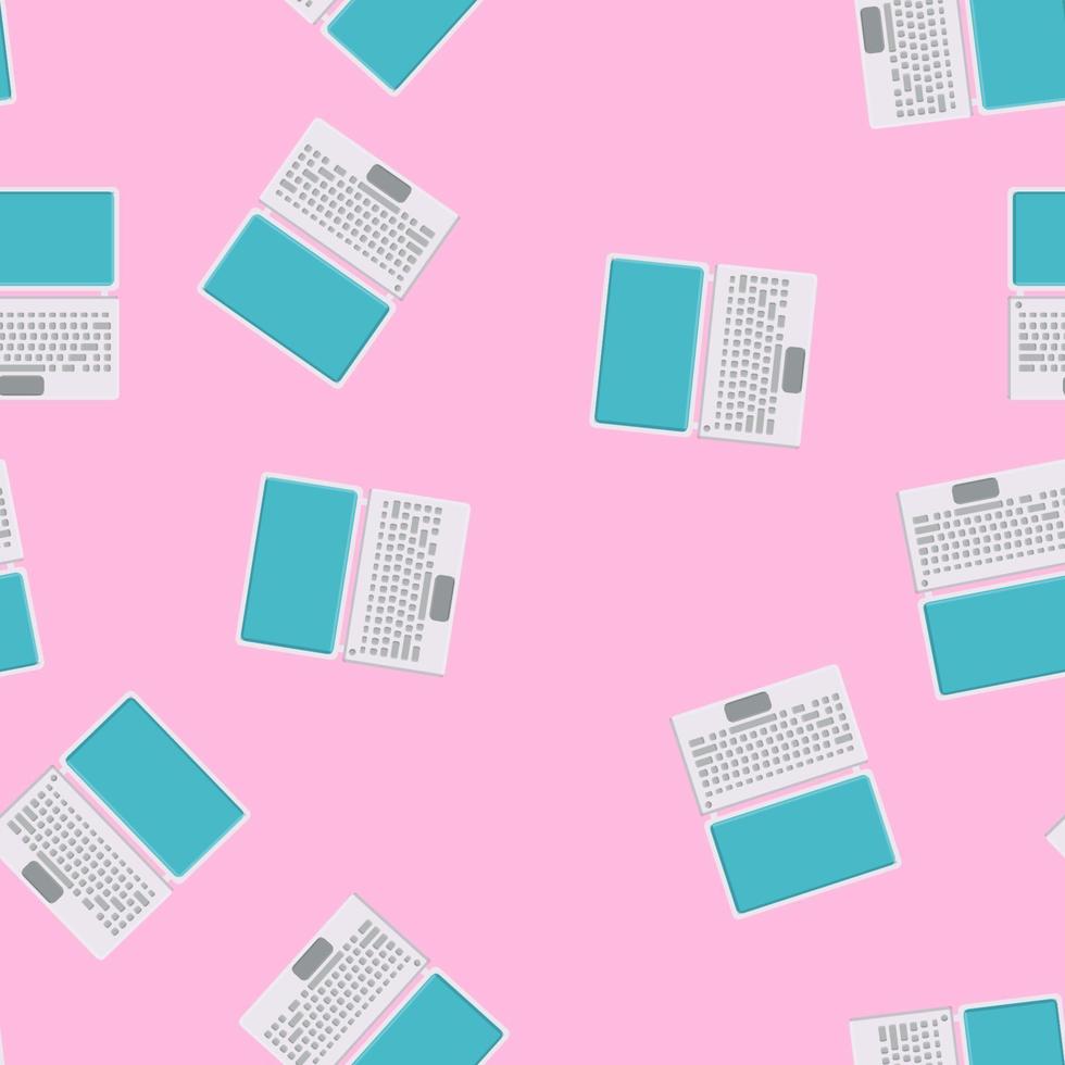 Nahtloses Muster, Textur moderner leistungsstarker digitaler mobiler Laptops mit Tastatur, Technologie isoliert auf rosa Hintergrund vektor