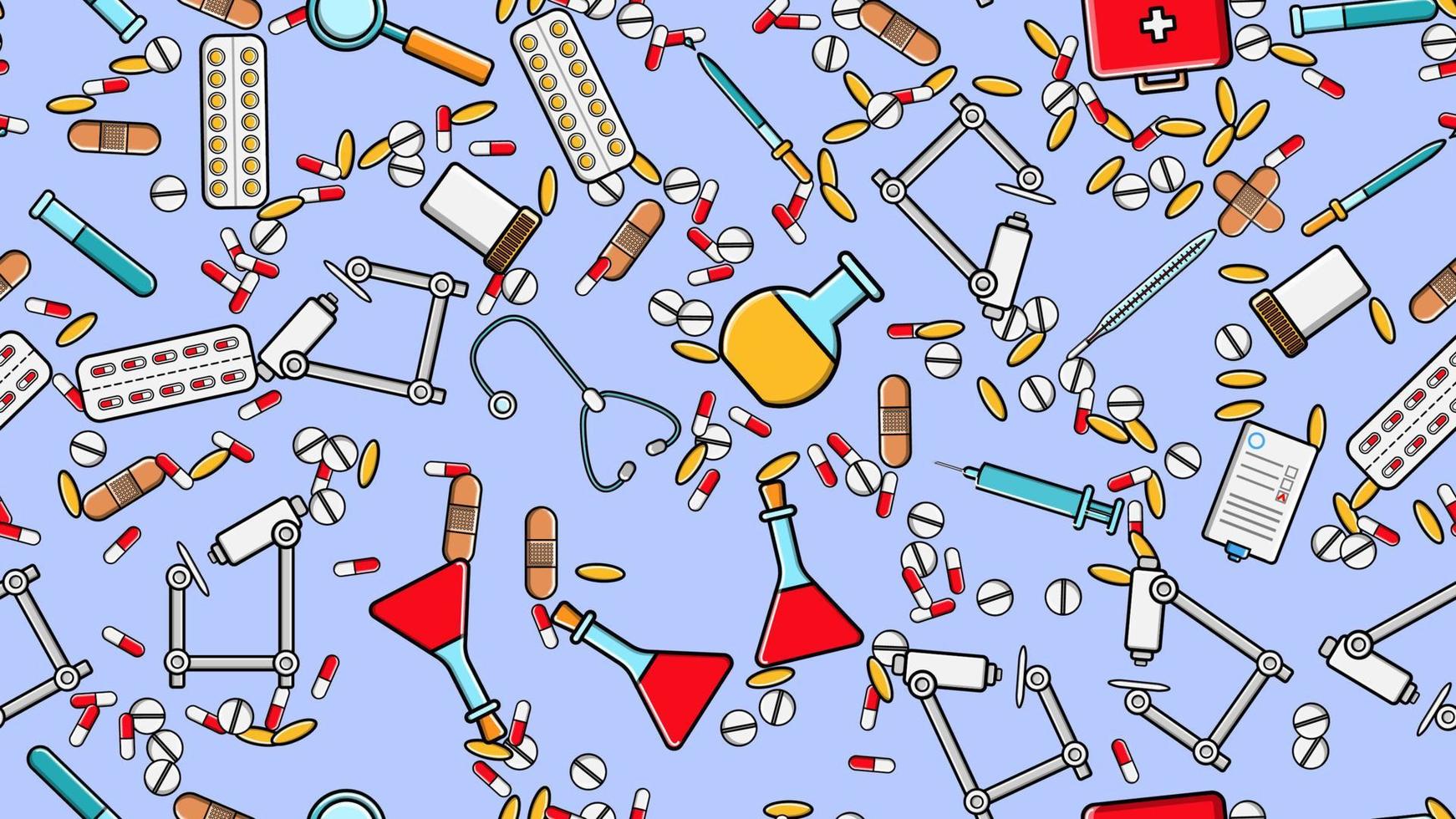 sömlös mönster textur av medicin objekt ikoner prickar piller pipetter stetoskop verktyg läkare kolvar kapslar burkar sprutor på en blå bakgrund platt lägga topp se. vektor illustration